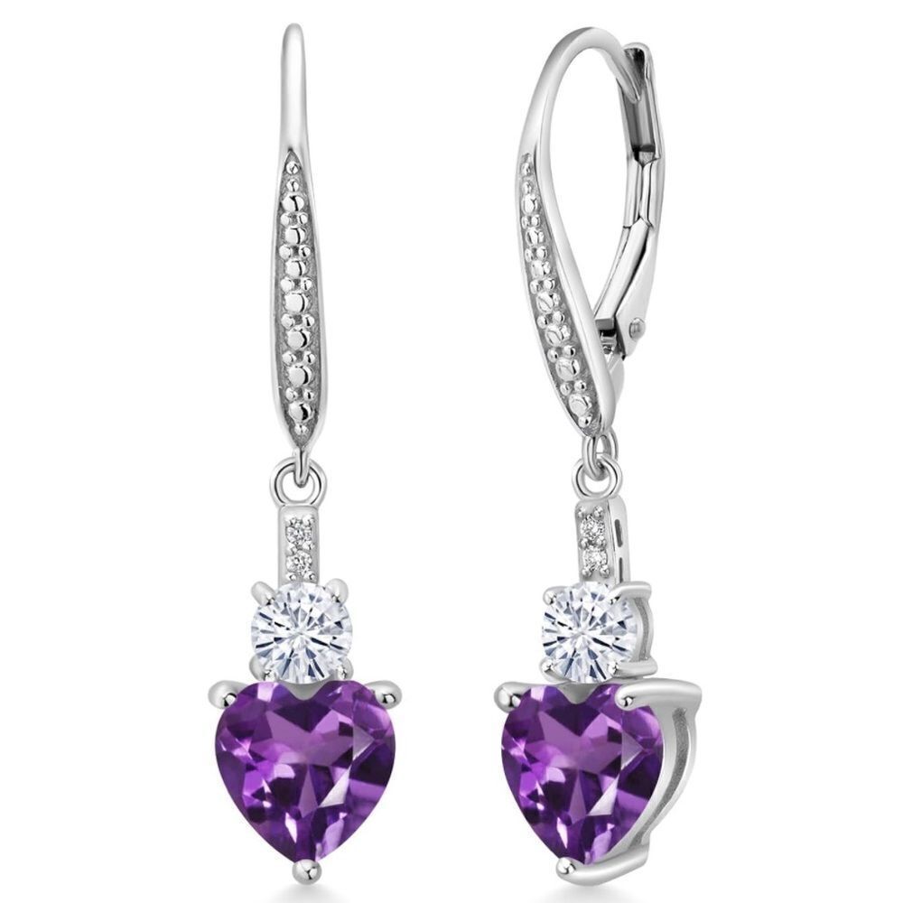 925 Sterling Silver with 2.29 Cttw Amethyst and Moissanite Heart Drop Earrings